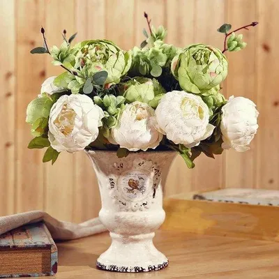 Image de Fleurs artificielles en soie en forme de pivoine pour les mariages et la décoration d'intérieur - Vert