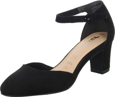 A black Tamaris women's pump with an ankle strap and block heel is shown against a white background.