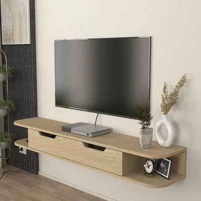 Produktbild von TV-Lowboard hängend 'Karjali' Fernsehschrank 150 x 30 x 19 cm mit Klappfach und 2 offenen Fächern Eicheoptik