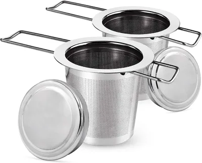 Produktbild von 2 Stück Teesieb Teefilter und Deckel/Abtropfschale, 304 Edelstahl Tee-Sieb für losen Tee, Faltbare Griffgestaltung Passend für die Meisten Tee-Tassen und Tee-Schalen