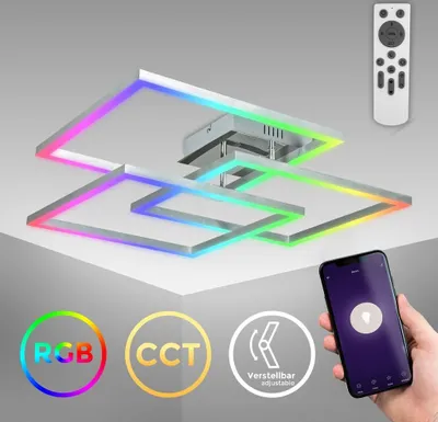 A modern ceiling light with RGB and CCT lighting, controlled by a smartphone app and remote control.