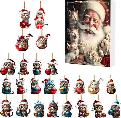 Produktbild von Weihnachtskalender mit Katzenmotiv, Acryl, 2D-Cartoon-Katze, Hängedekoration, 24 Tage, Countdown bis Weihnachten 2025, Geschenk für Katzenliebhaber, Weihnachtsdekoration