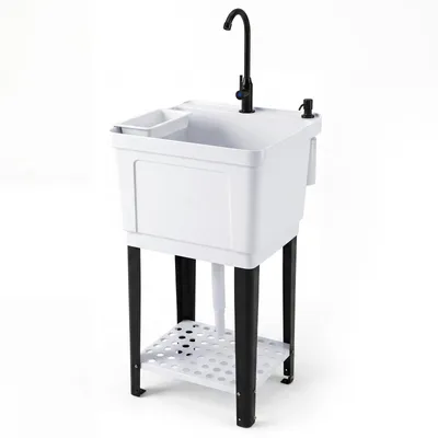 Produktbild von KOMFOTTEU Freistehender Spültisch, 55 L Waschbecken mit 360° drehbarer Wasserhahn, tragbare Küchenspüle mit Ablagefläche, Abtropfschale & Abflussgarnitur, Kunststoffbecke für Waschraum, Garage, Garten