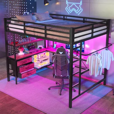 Image de OKWISH Lit Mezzanine 140x200 cm - Lit Double avec Éclairage LED, Bureau et Prises USB, en Métal et MDF, sans Matelas, Noir