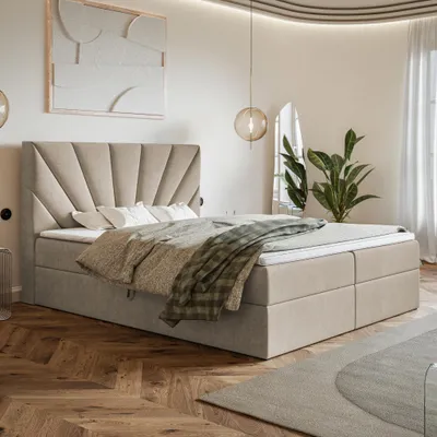 Produktbild von MOTIVENA Aspen Boxspringbett 180x200 Beige Samt (Jasmine 24), Bonellfederkern-Matratze (H4), T28 Komfortschaumstoff Topper (H3)