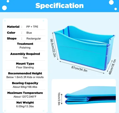 A product specification sheet with images of a blue foldable bathtub.