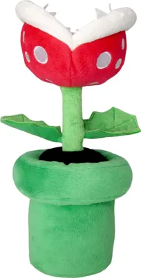 A plush toy of a Piranha Plant from the Super Mario video game series, shown in a green pot.