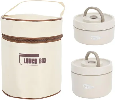 Immagine prodotto di Contenitore per il pranzo in acciaio inossidabile 304, forma rotonda, colore beige, borsa termica, ideale per l'uso in ufficio