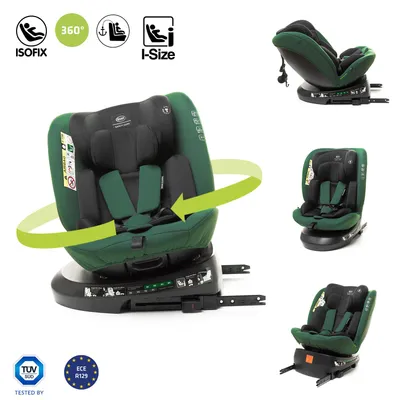 A collage of images showing a green car seat from different angles and with various features highlighted.