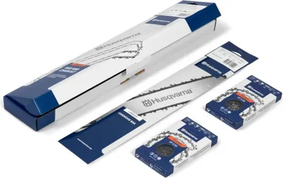 Several boxes of Husqvarna chainsaw chains and bars are arranged on a white background.