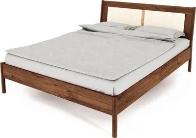 Produktbild von Bett Zola Wildeiche massiv choco 200x200 mit Rattankopfteil und Holzbeinen