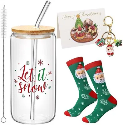 Produktbild von Borosilicatglas-Set mit Weihnachtsbecher 500ml - Geschenkbecher mit Deckel - Weihnachtsglas mit Grasstange - Kerzenständer - Dekorationsglas - Geschenkset