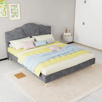 Zdjęcie produktu dla Łóżko tapicerowane Zerbaco, podwójne, 160x200 cm, szare, z pojemnikiem na pościel, z listwowym stelażem, bez materaca