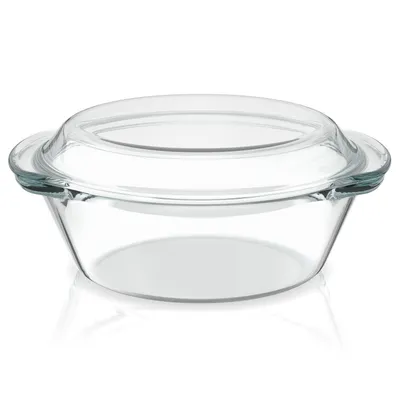 Productafbeelding van Arendo ovenschotel van borosilicaatglas, 2 liter, met glazen deksel, ronde ovenschotel met handgrepen, hittebestendig tot 400 °C, geschikt voor de magnetron, vaatwasmachinebestendig, BPA-vrij, transparant