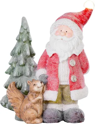 Image de Décoration MagicHome Noël, Pere Noël avec écureuil et sapin, 1 LED, 2xAAA, céramique, 35,50x20x46 cm