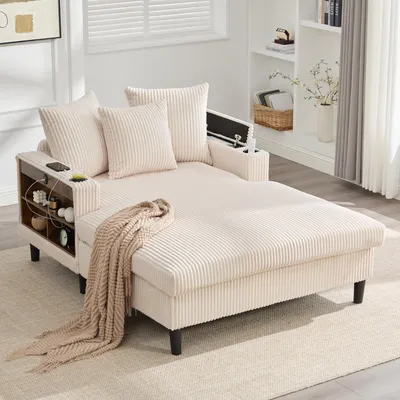 Image de Salon multifonctionnel en velours côtelé avec chaise longue, beige, LED, USB