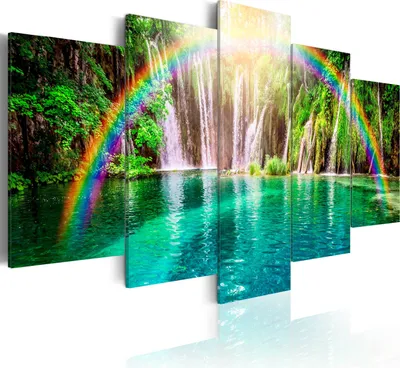 Produktbild von Leinwandbilder 200x100 cm c-A-0071-b-n Vlies Leinwandbild 5 tlg Kunstdruck modern Wandbilder XXL Wanddekoration Design Wand Bild WASSERFALL LANDSCHAFT NATUR REGENBOGEN