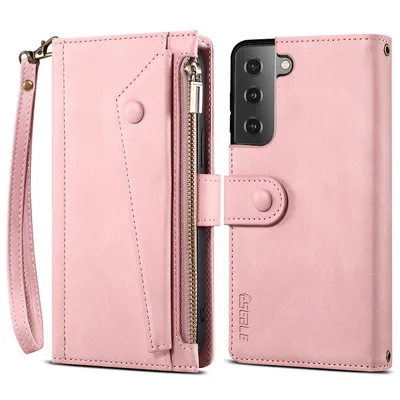 Obrázek produktu pro Ochranné pouzdro pro Samsung Galaxy S21 FE 5G, kožené pouzdro na zip, skládací peněženka s přihrádkou na karty, stojánek a poutko Růžový
