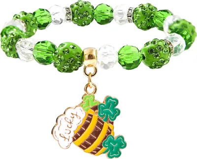 Produktbild von Kleeblatt-Armband, St. Patricks Day, Irischer Perlenschmuck mit Glasperlen und Anhängern, Glücksbringer-Armband für festliche Feiern, elastisches Kleeblatt-Armband