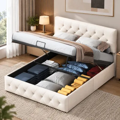 Immagine prodotto di Letto con boxspring 140x200 cm con poggiatesta regolabile, letto contenitore con cassone, letto imbottito con boxspring e contenitore, rivestito in velluto, colore pesca