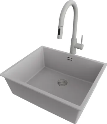 Produktbild von PRIMAGRAN Granitspüle Grau 56x47cm, Spülbecken 1 Becken + Küchenarmatur 40x20cm + Ablauf-Set, Küchenspüle ab 60er Unterschrank - London Slim