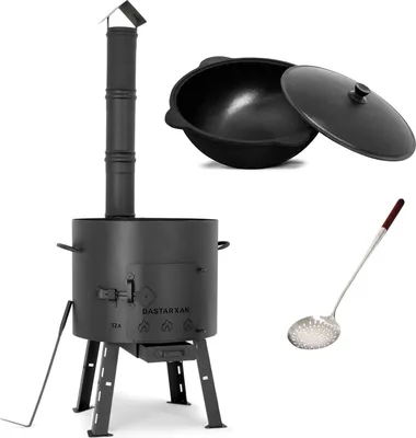 Produktbild von SCHWARZER DECKEL SET Feuerofen Utschak Feldküche mit Schornstein Ø ca. 40 cm + Kazan WOK Gusseisen 12 L + Schaumlöffel