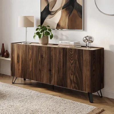 Productafbeelding van Dressoir 'Trorlon' met 4 deuren, afmetingen 160 x 40 x 83 cm, met een notenhouten look en travertin details