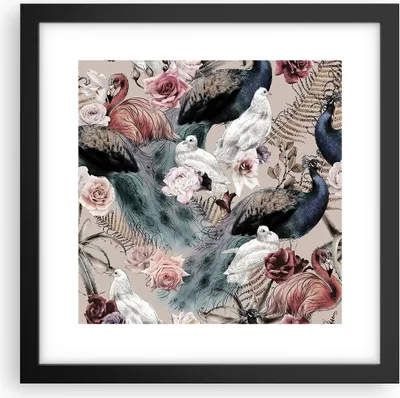 Produktbild von Gerahmtes Poster - Schwarzer Rahmen - Pfauen Squab Flamingos - 30x30 cm - Wand Bild - Wanddeko - Wandbilder - Kunstposter - Wandposter - Bilderrahmen - Bilder - Kunstdruck - P2BAC30x30-4890
