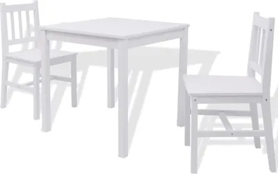 A white wooden dining set with a square table and two chairs, shown against a white background.