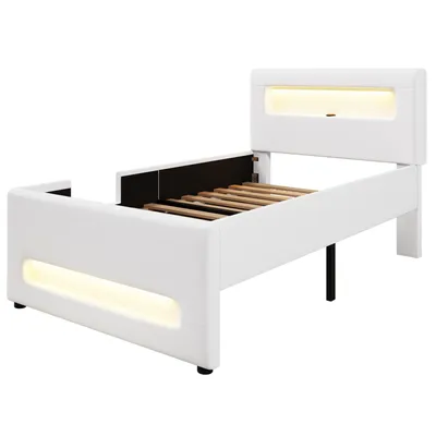 Produktbild von Merax Polsterbett Kinderbett 90x200 cm mit LED-Lichtleisten, Treppe, Schublade und Aufbewahrungstaschen, Plattformbett, Jugendbett, Flachbett, Weiß