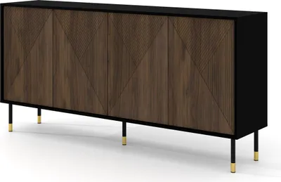 Obrázok produktu pre Komoda WOODY IV 4D 180 cm BLACK MATT / CATANIA OAK frézované čelá MDF príborník vysoká doska skrinka na nožičkách