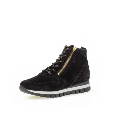 A black suede high-top sneaker with a gold zipper detail is shown against a white background.