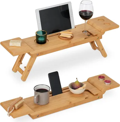 Produktbild von Relaxdays Badewannenablage Bambus, 70cm breit, Badetablett für Glas, Handy, Tablet, Badewannenbrett zum Einhängen, natur