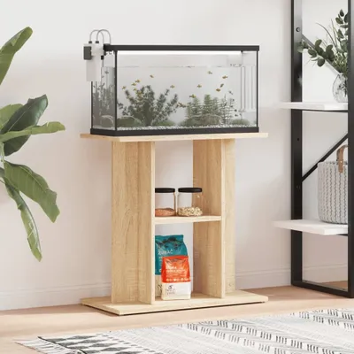 An aquarium and stand are shown in a room with a plant and a shelf unit in the background.