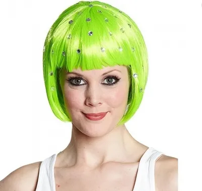 Produktbild von Neongrüne Pagenperücke Perücke Page Pagenkopf Strass Steine Kurzhaarperücke Kurzhaar