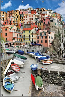 Produktbild von Wallario Outdoor-Poster für Garten oder Balkon, Motiv Bunter Hafen in Italien, in ca. 120 x 180 cm