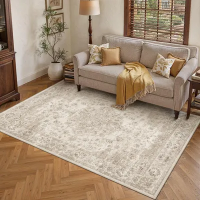 Productafbeelding van Tapijt voor de woonkamer, 160x230 cm, beige, wasbaar, korte pool, vintage stijl, rechthoekig