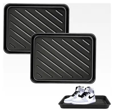 Produktbild von Schwarze Schuhabtropfschale 2er Set: Schuhabtropfschalen aus Kunststoff, 40 x 30 x 3,5 cm für nassen und verschneiten Herbst-Winter, geeignet für drinnen und draußen