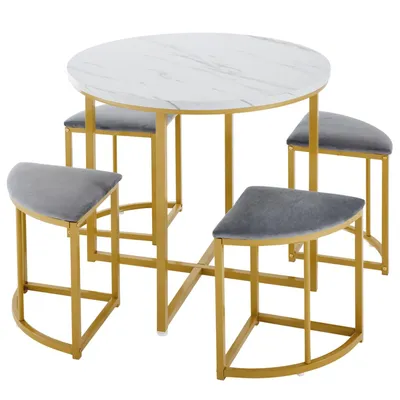 Obrázok produktu pre Jedálenský set so štyrmi stoličkami, jedálenský set s MDF doskou a pozláteným železným rámom, zamatové kreslo, moderné stoly a stoličky, sivá farba