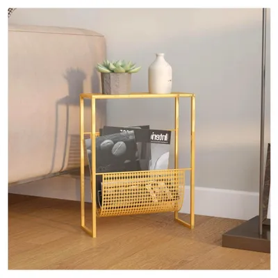 Produktbild von Zeitschriftenständer aus Stahl mit Ablagefläche in Gold, 35x15x45 cm für Büro und Wohnzimmer