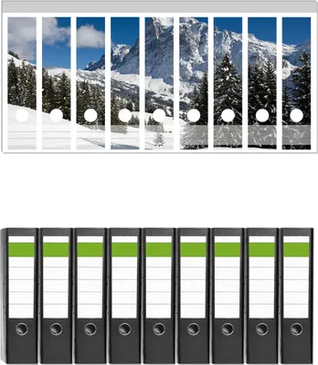Produktbild von Wallario 9 Stück breite Ordner inkl. Klebeetiketten mit Motive Verschneiter Berghang unter blauem Himmel -  Set mit Rückenschildern / Ordnerrücken Stickern