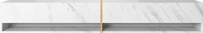 A white marble TV lowboard with gold accents and a shelf.
