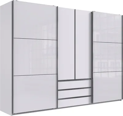 Produktbild von Kleiderschrank mit Schwebetüren und Drehtüren weiß mit Glasfronten, MIDLAND-43