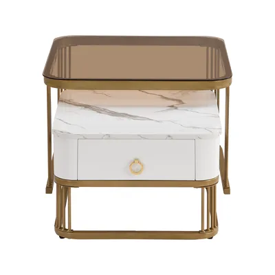 Produktbild von MERAX Couchtisch Set Marmoroptik mit Schublade Beistelltisch hochglanz, Satztisch mit Glasplatte, Wohnzimmertisch, Gold