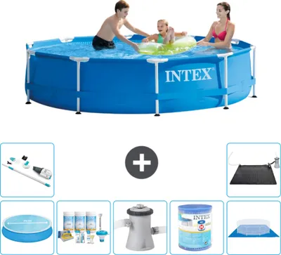 Produktbild von Intex-Schwimmbecken mit rundem Rahmen – 305 x 76 cm – Blau – im Lieferumfang enthalten Sonnensegel - Wartungspaket - Filterpumpe für Schwimmbad - Filter - Bodenplane - Staubsauger