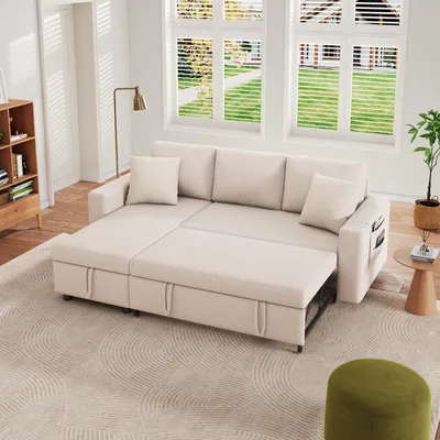 Obrázok produktu pre Rozkladacia pohovka STILVORA s funkciou spania Rohová pohovka s chaise longue a úložným priestorom Lounge pohovka s úložným vreckom v podrúčke, obývačková pohovka s ľavou a pravou stranou, béžová
