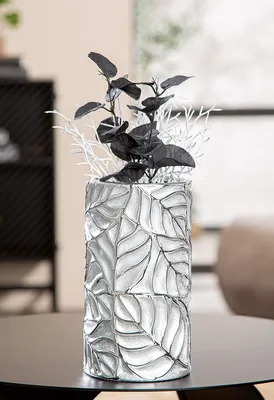 Produktbild von Gilde Vase, zylindrisch, Faggio, Blattmotiv, Keramik, silberfarben, VE 3, D. 11 cm Höhe: 20.00 cm Durchmesser: 11.00 cm 58225
