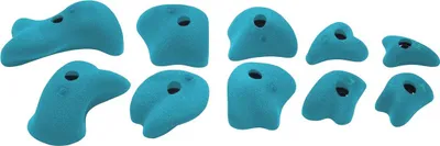 Set von zehn blauen L-Klettergriffen aus dem Holds Set 3 von Ocun für Kletterwände.