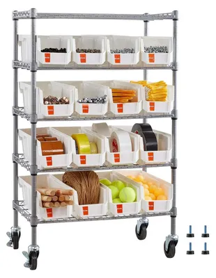 Image de Étagère à 5 niveaux et 16 boîtes de rangement, étagère de stockage sur roulettes, dimensions : 610 x 355 x 1065 mm