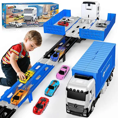 Produktbild von Spielzeug Transporter Autotransporter Rennbahn - 8 Rennautos - 158 cm Rennstrecke - Für Kinder von 2 bis 6 Jahren